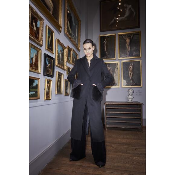 Kobi Halperin Women's Channing Genuine Shearling Trim Black Wool Blend Coat, Sm